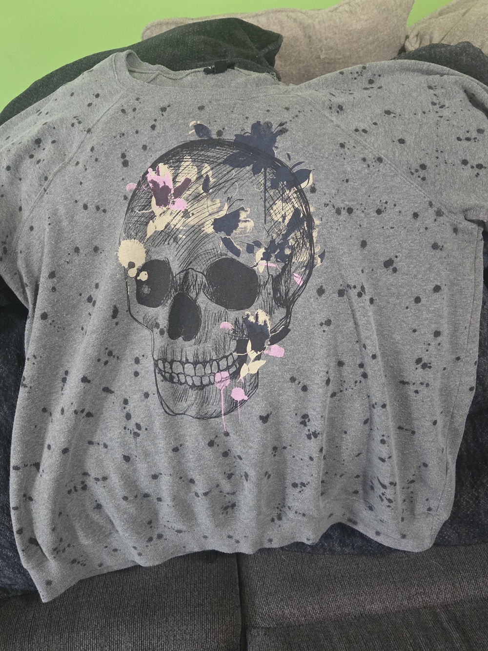 torrid Gray Skull Sweatshirt with Pink & Cream Paint Accents